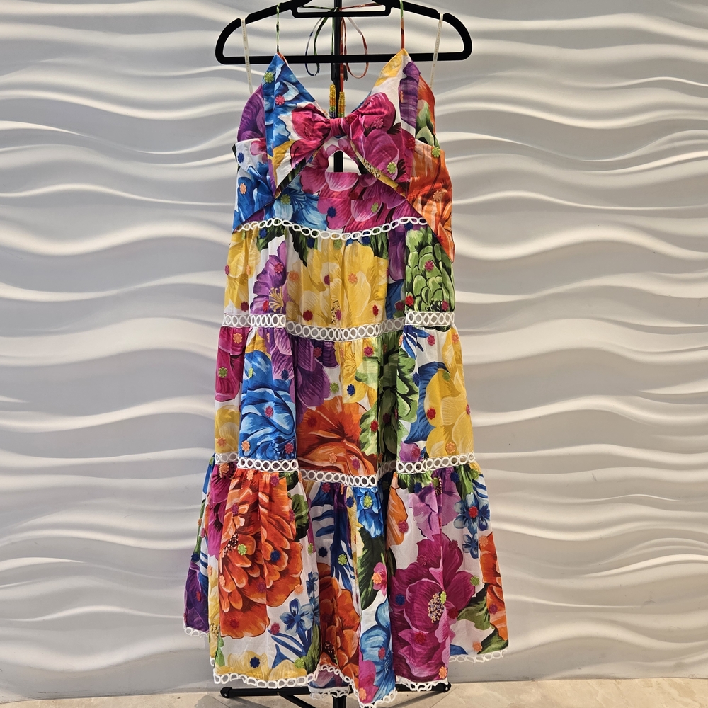 FARM Rio Multicolor Floral Midi Dress with Bow Front